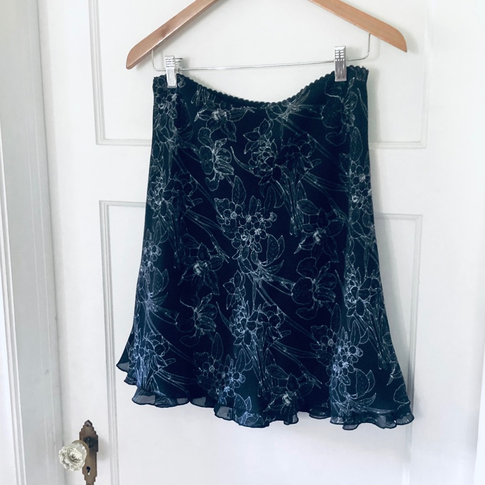 BRIGGS Vintage Black White Floral Print Layered Ruffle Skirt Petite S Fairy Y2K